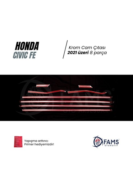 Honda Civic Uyumlu Fe 2021> Cam Çıtası 8 Parça Paslanmaz Çelik