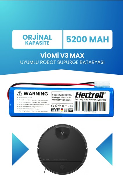 Viomi V3 Max Uyumlu Batarya (ORJİNAL KAPASİTE) 5200mah Pil Robot Süpürge Bataryası V-RVCLM27B