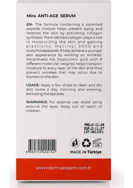 Antı-Age - Retinol, Peptidler, Hyaluronik Asit, Vitamin E, Seramid 30 ml