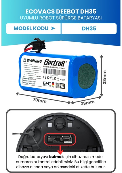 Ecovacs Deebot Dh35 Uyumlu Batarya (ORJİNAL KAPASİTE) 2600mah Pil Robot Süpürge Batarya Değişimi