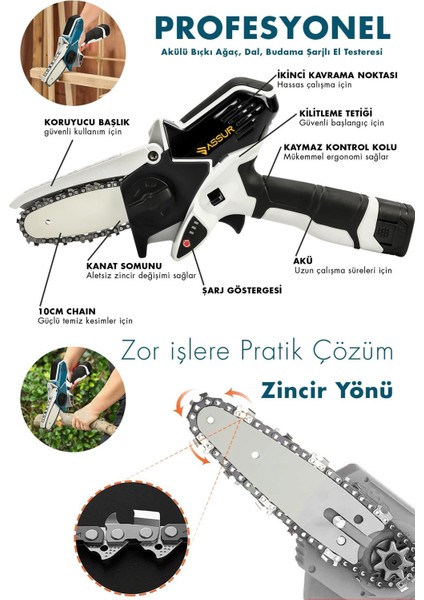 Şarjlı Akülü Bıçkı Odun Ağaç Kesme Çantalı Dal Budama