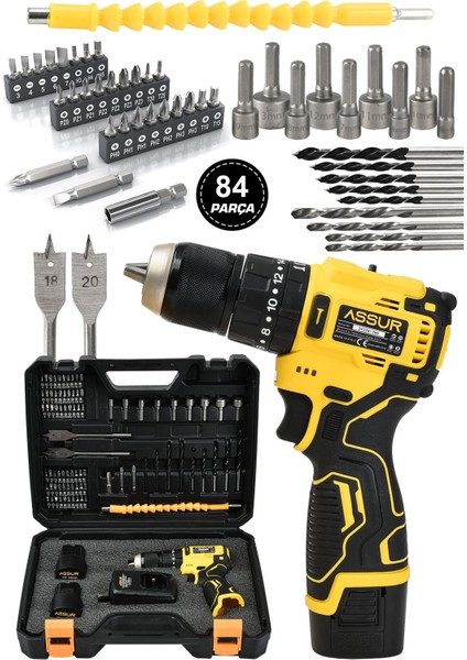 12V 1.5AH Metal Şanzıman 13MM Çelik Mandrenli Matkap Akülü Vidalama 84 Parça