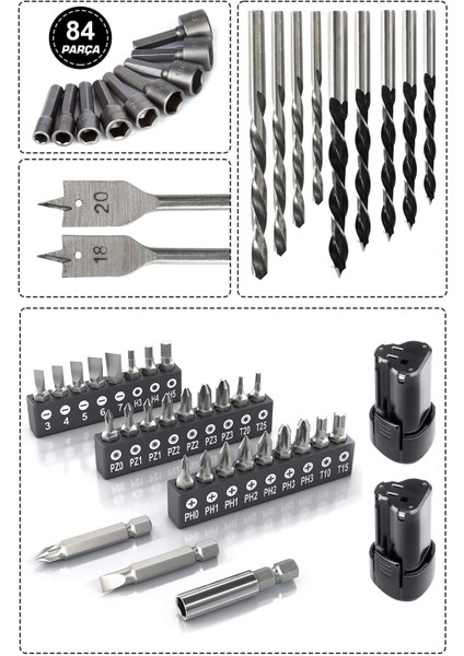 12V 1.5AH Metal Şanzıman 13MM Çelik Mandrenli Matkap Akülü Vidalama 84 Parça