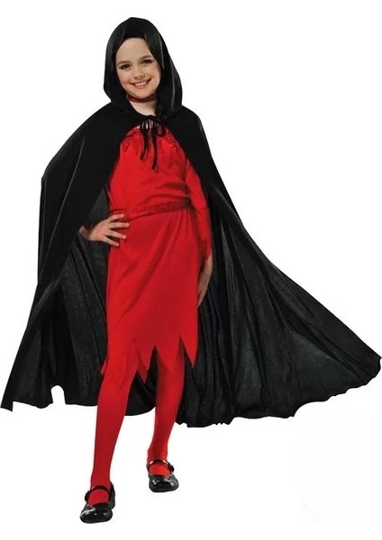 Kapşonlu Siyah Pelerin - Şapkalı Pelerin 90 cm