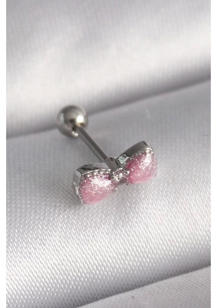 316L Çelik Gümüş Renk Pembe Kurdele Zirkon Taş Detay Tragus Piercing
