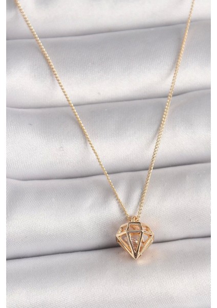 Pirinç Gold Renk 3D Zirkon Taşlı Elmas Model Kadın Kolye