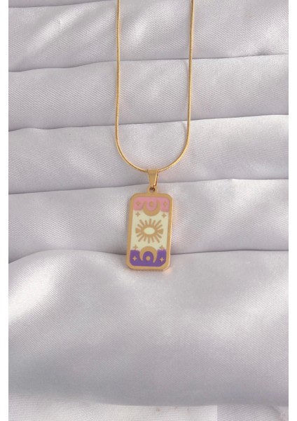316 L Çelik Gold Renk Karışık Mineli Ay Figür Tarot Kolye