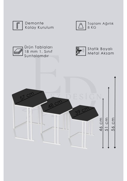 Tokyo 3'lü Zigon Sehpa Takımı Siyah Metal - Barok Tabla
