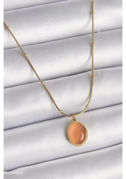 316 L Çelik Gold Renk Turuncu Kedi Gözü Sedefli Oval Model Kadın Kolye