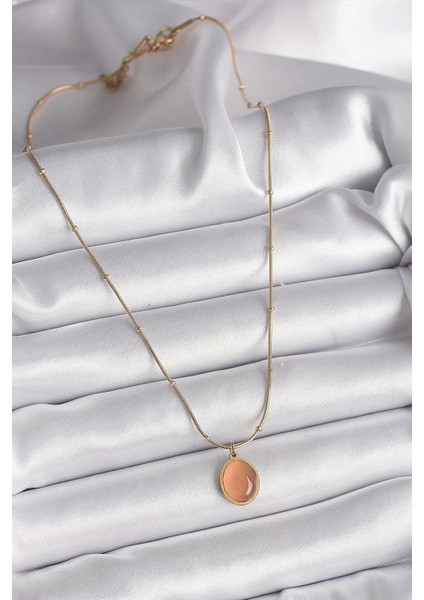 316 L Çelik Gold Renk Turuncu Kedi Gözü Sedefli Oval Model Kadın Kolye fiyatları