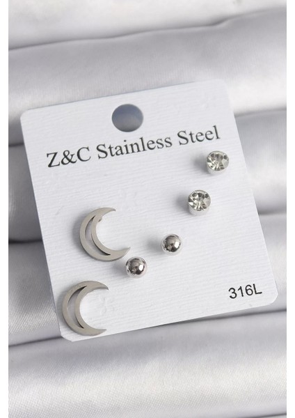 316 L Çelik Gümüş Renk Zirkon Taşlı Hilal Model Kadın Küpe Seti