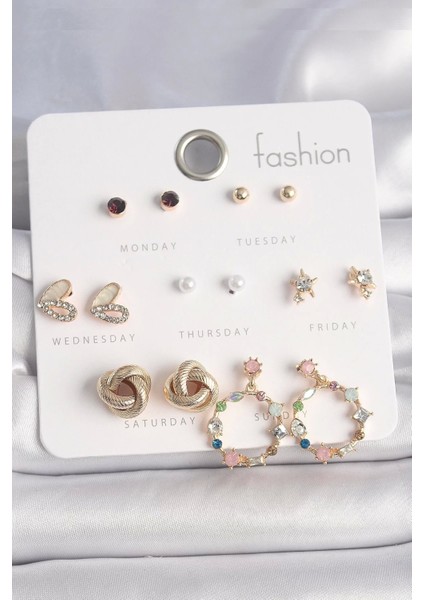 Pirinç Gold Renk Renkli Zirkon Taşlı Kalp Detay 7 Çift Kadın Küpe Seti