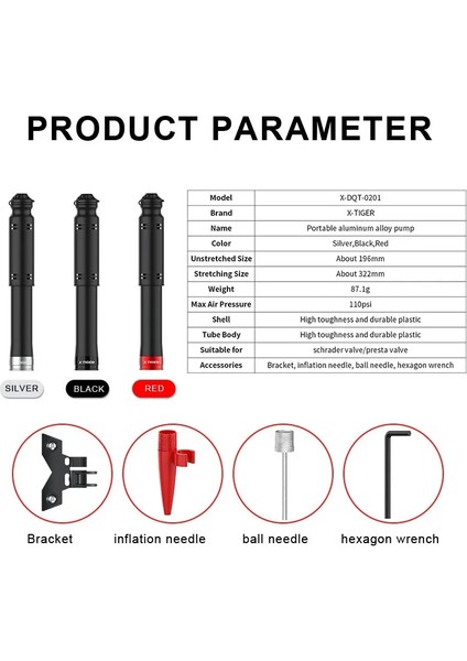 Gümüş Tarzı X-Tıger Mini Bisiklet Pompası Bisiklet Lastik Pompası Taşınabilir Hafif Bisiklet Hava Pompası Presta Schrader I Yüksek Basınç Pompasına Uyar (Yurt Dışından)