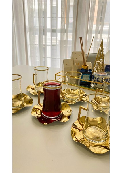 6'Lı Metal Dalgalı Gold Çay Tabağı