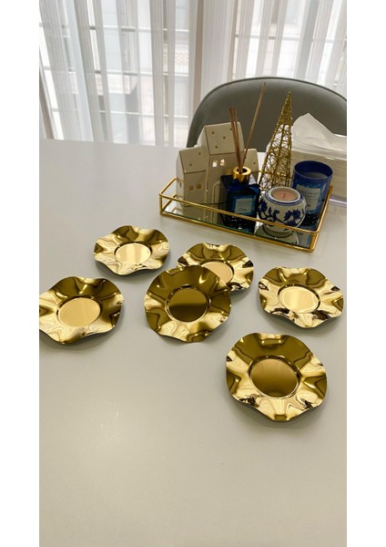 6'Lı Metal Dalgalı Gold Çay Tabağı
