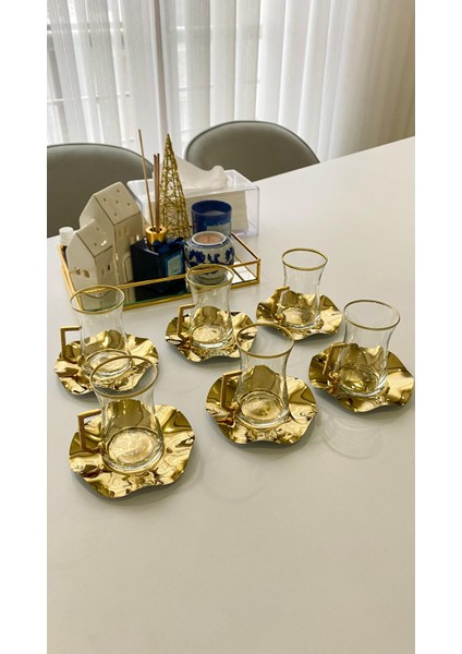 6'Lı Metal Dalgalı Gold Çay Tabağı