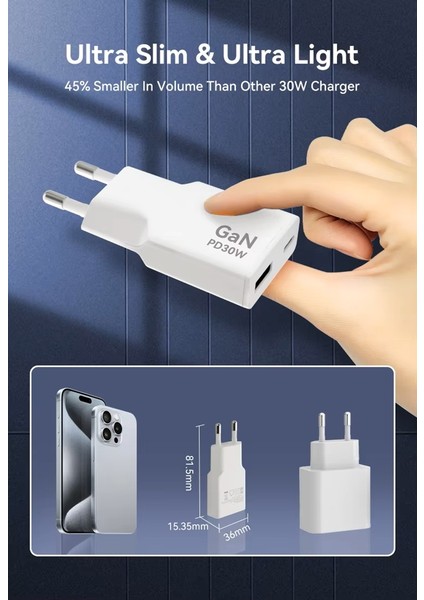 30W Ultra Ince Hızlı Şarj Cihazı Gan Teknolojisi,usb-A+Usb-C Port Çıkış