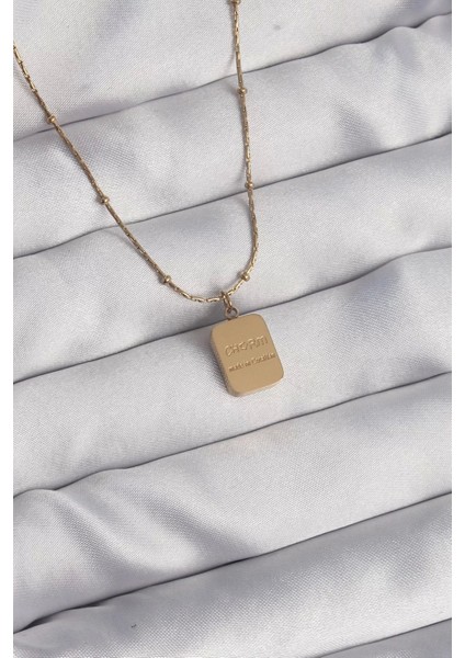 316 L Çelik Gold Renk Kare Charm Model Kolye