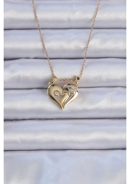 316 L Çelik Zincir Altın Renk Zirkon Taşlı Mıknatıslı Kalp Kolye