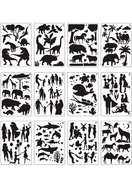12 Adet Mandala Boyama Şablonları Dıy Boyama Sanatı Için Mükemmel Hayvan Çizim Şablonları Içi Boş Tahta (Yurt Dışından)