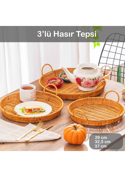710-B Yuvarlak 3'lü Dekoratif Ev Mutfak Düzenleyici Kulplu Hasır Sepet Tepsi Seti