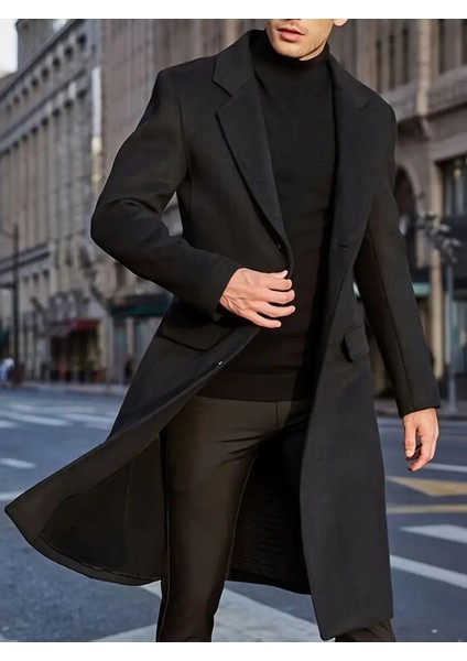 Erkek Siyah Dar Kesim Uzun Yün Karışımlı Kaşe Kaban modelleri