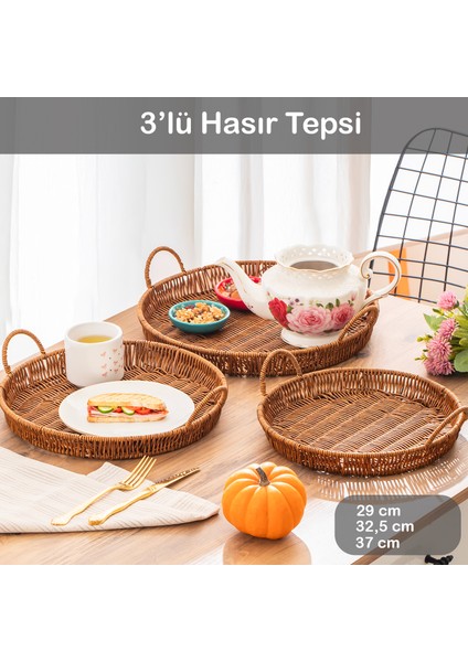 710-C Yuvarlak 3'lü Dekoratif Ev Mutfak Düzenleyici Kulplu Hasır Sepet Tepsi Seti