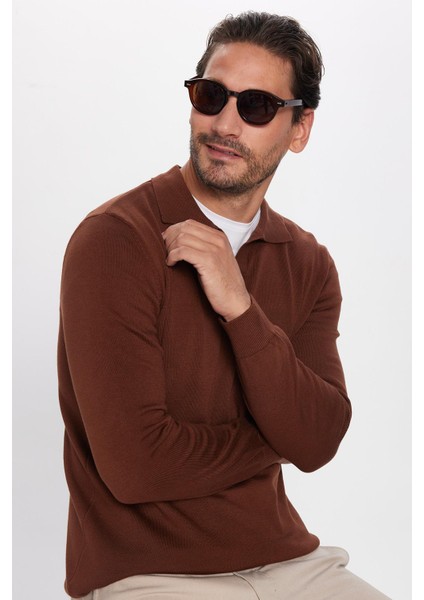 Slim Fit Dar Kesim Polo V Yaka Erkek Kahverengi Triko Kazak fiyatları