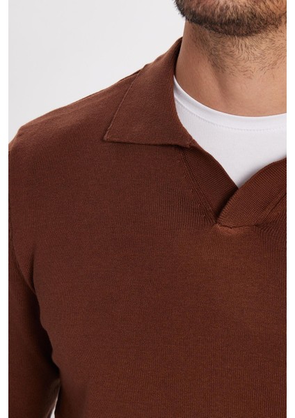 Slim Fit Dar Kesim Polo V Yaka Erkek Kahverengi Triko Kazak modelleri