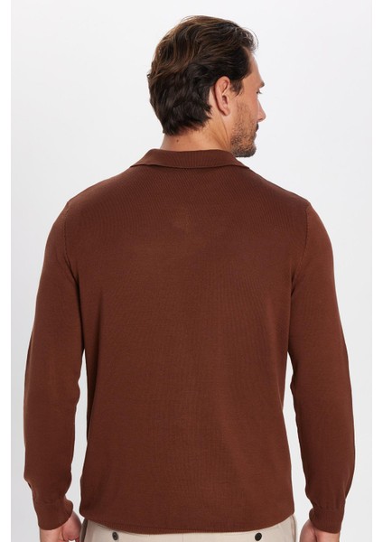 Slim Fit Dar Kesim Polo V Yaka Erkek Kahverengi Triko Kazak indirimleri