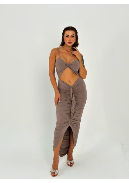 Premium Vücuda Oturan Örme Büzgülü Özel Dekolte Detaylı abiye elbise fiyatları
