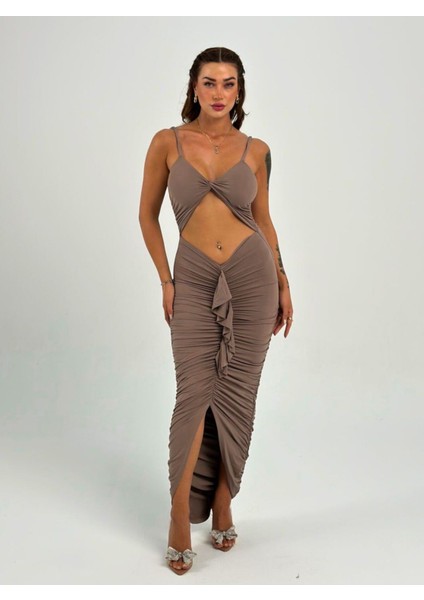 Premium Vücuda Oturan Örme Büzgülü Özel Dekolte Detaylı abiye elbise indirimleri