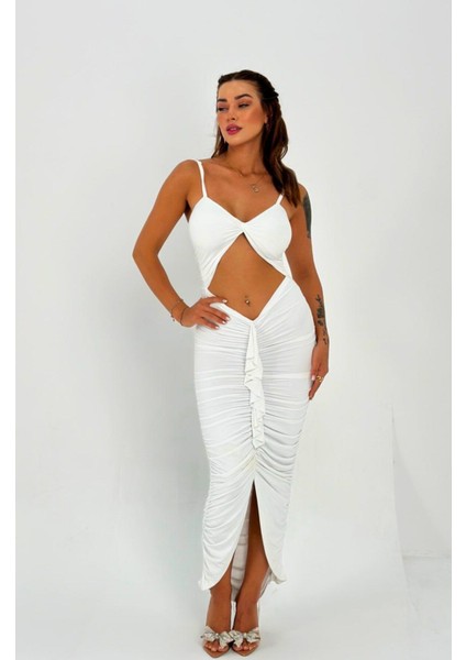 Premium Vücuda Oturan Örme Büzgülü Özel Dekolte Detaylı abiye elbise