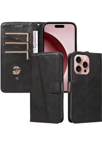 Kredi Kartı Yuvası Siyah ile IPhone 16 Pro Cüzdan Telefon Kılıfı Için Filp Durumda (Yurt Dışından)