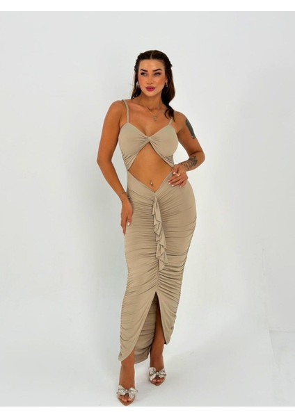 Premium Vücuda Oturan Örme Büzgülü Özel Dekolte Detaylı abiye elbise indirimleri