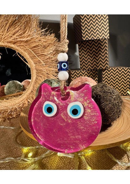 El Yapımı Hediyelik Dekoratif Nazar Boncuklu, Kedi Figürlü Pembe Renk Simli ve İpli 25 cm Cam Duvar Süsü