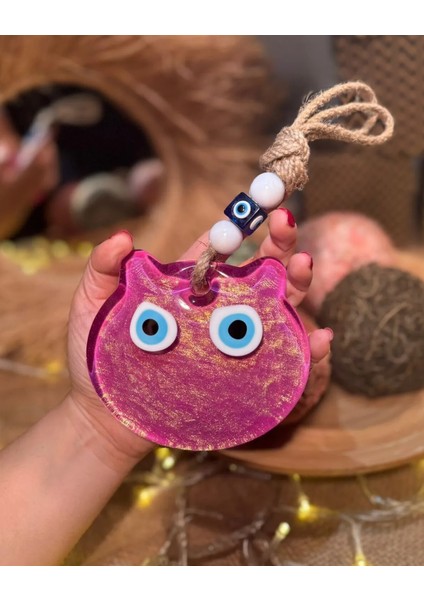 El Yapımı Hediyelik Dekoratif Nazar Boncuklu, Kedi Figürlü Pembe Renk Simli ve İpli 25 cm Cam Duvar Süsü fiyatları