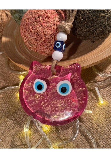 El Yapımı Hediyelik Dekoratif Nazar Boncuklu, Kedi Figürlü Pembe Renk Simli ve İpli 25 cm Cam Duvar Süsü modelleri