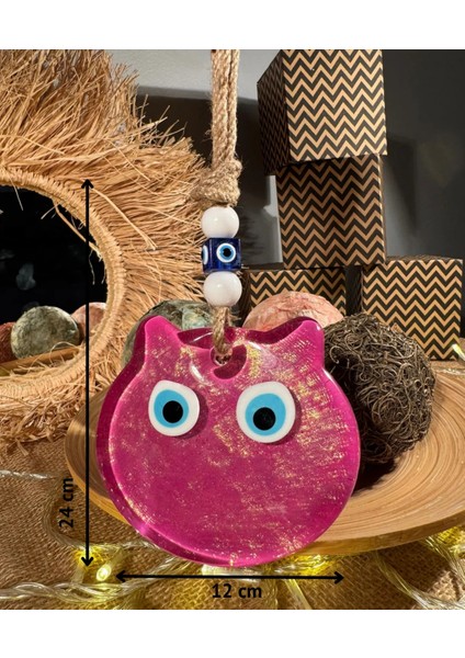 El Yapımı Hediyelik Dekoratif Nazar Boncuklu, Kedi Figürlü Pembe Renk Simli ve İpli 25 cm Cam Duvar Süsü indirimleri