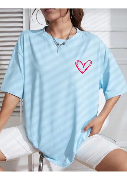 Tiny Heart Baskılı Kadın Oversize Kırmızı Salas T-Shirt Boyfriend