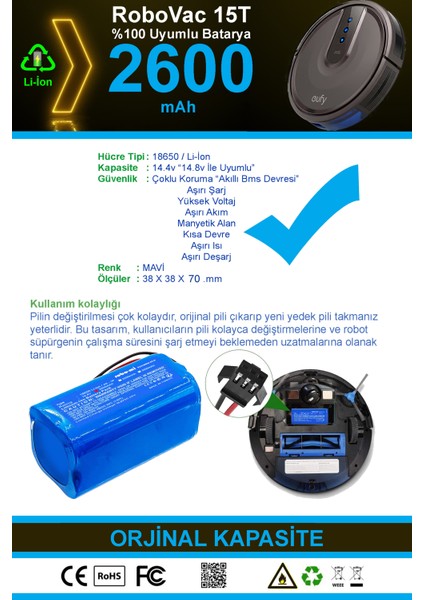 Eufy Robovac 15 T Batarya 14.4V 2600MAH Akıllı Robot Süpürge Pili