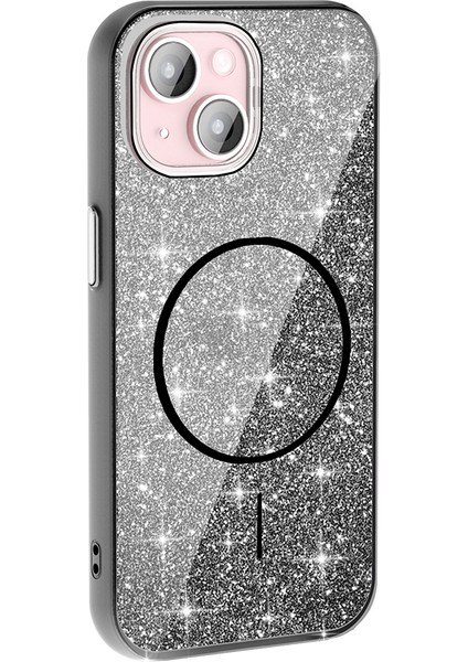 iPhone 15 Plus Kılıf Magsafe Şarj Özellikli Parlayan Simli Zore Okso Kapak - Derin Mor