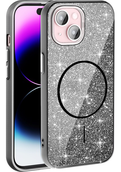 iPhone 15 Plus Kılıf Magsafe Şarj Özellikli Parlayan Simli Zore Okso Kapak - Derin Mor