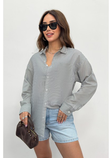 Kadın Gömlek Oversize Boyfriend Cepli Gömlek