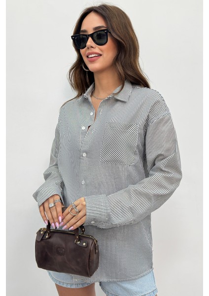 Kadın Gömlek Oversize Boyfriend Cepli Gömlek