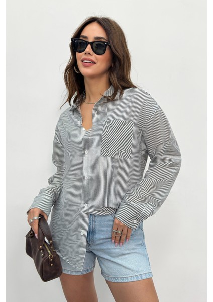 Kadın Gömlek Oversize Boyfriend Cepli Gömlek