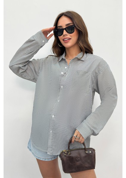 Kadın Gömlek Oversize Boyfriend Cepli Gömlek