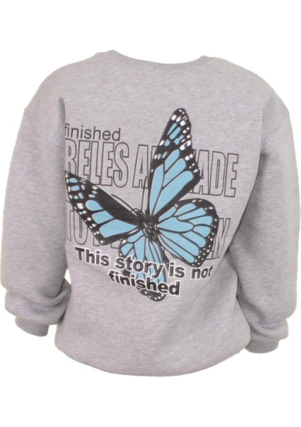 Unisex Oversize 3 Iplik Şardonlu Renkli Kelebek Baskılı Sweatshirt