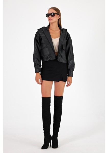 Kadın Cepli Oversize Crop Deri Ceket