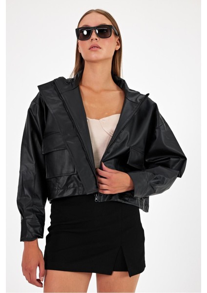 Kadın Cepli Oversize Crop Deri Ceket modelleri